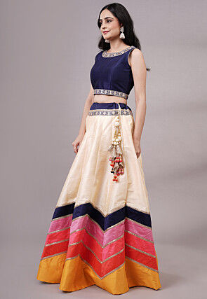 Lace Embellished Dupion Silk Lehenga in Multicolor