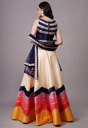 Lace Embellished Dupion Silk Lehenga in Multicolor