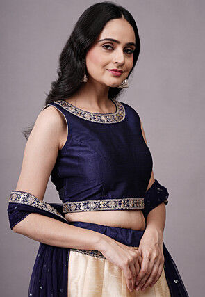 Lace Embellished Dupion Silk Lehenga in Multicolor