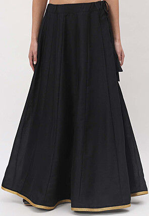 Lace Embellished Dupion Silk Skirt in Black