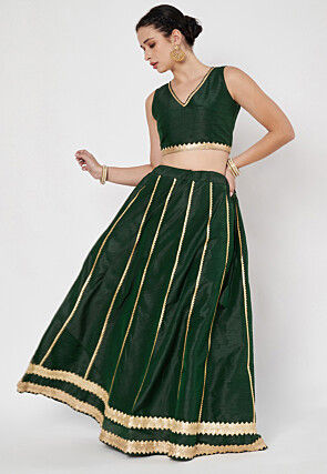 Lace Embellished Dupion Silk Skirt in Dark Green