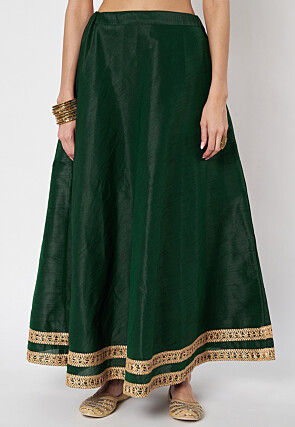 Lace Embellished Dupion Silk Skirt in Dark Green