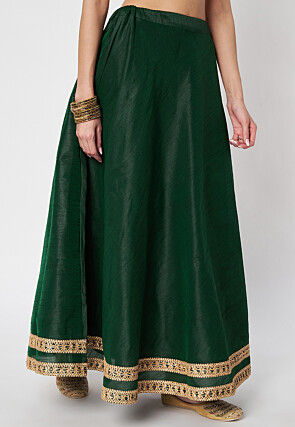 Lace Embellished Dupion Silk Skirt in Dark Green