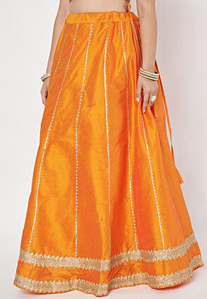 Lace Embellished Dupion Silk Skirt in Light Orange