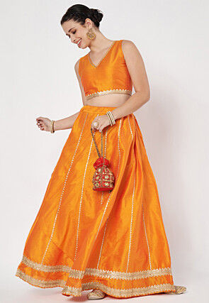 Lace Embellished Dupion Silk Skirt in Light Orange