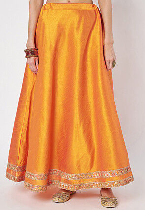 Lace Embellished Dupion Silk Skirt in Orange