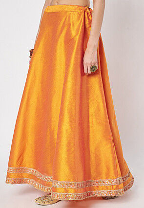 Lace Embellished Dupion Silk Skirt in Orange