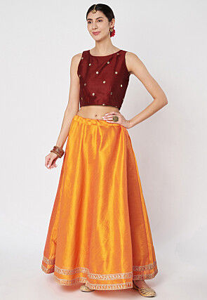 Lace Embellished Dupion Silk Skirt in Orange