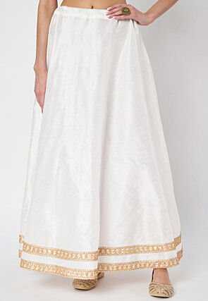 Lace Embellished Dupion Silk Skirt in White