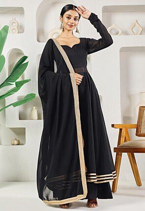 Lace Embellished Georgette A Line Suit in Black