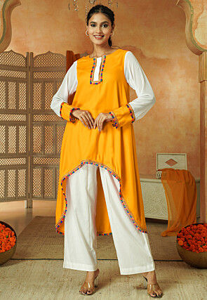 Lace Embellished Georgette Asymmetric Kurta Set in Yellow