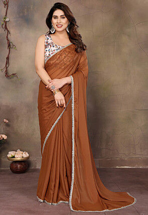 Lace Embellished Georgette Saree in Brown