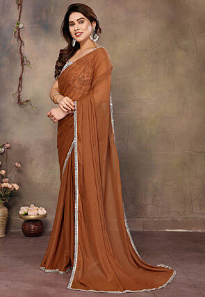 Lace Embellished Georgette Saree in Brown