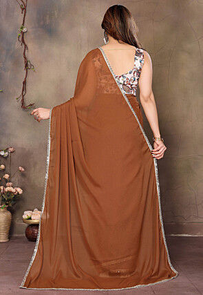 Lace Embellished Georgette Saree in Brown