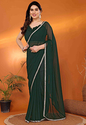 Lace Embellished Georgette Saree in Dark Green