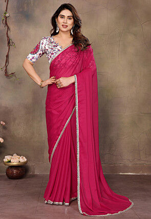 Lace Embellished Georgette Saree in Fuchsia