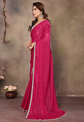 Lace Embellished Georgette Saree in Fuchsia