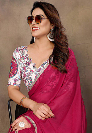 Lace Embellished Georgette Saree in Fuchsia