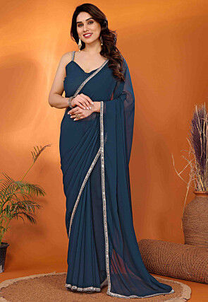 Lace Embellished Georgette Saree in Teal Blue