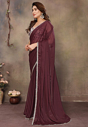 Lace Embellished Georgette Saree in Wine
