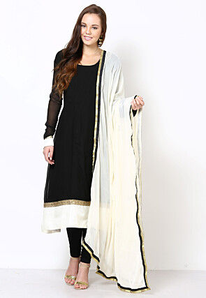 Lace Embellished Georgette Straight Suit in Black