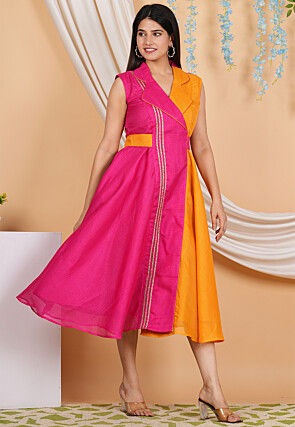 Lace Embellished Kota Doria Aline Dress in Fuchsia and Orange