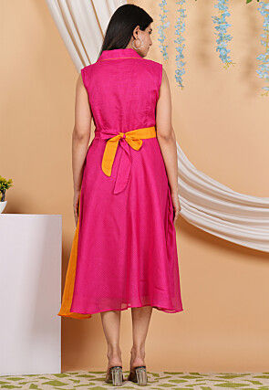 Lace Embellished Kota Doria Aline Dress in Fuchsia and Orange