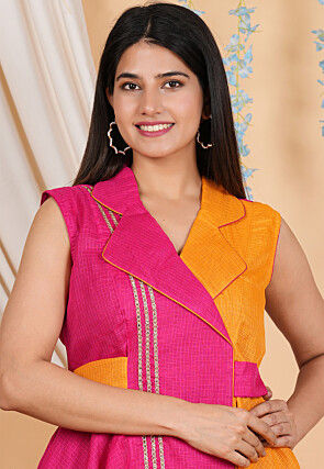 Lace Embellished Kota Doria Aline Dress in Fuchsia and Orange