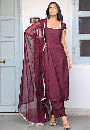 Lace Embellished Muslin Silk Pakistani Suit in Wine