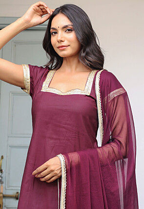 Lace Embellished Muslin Silk Pakistani Suit in Wine