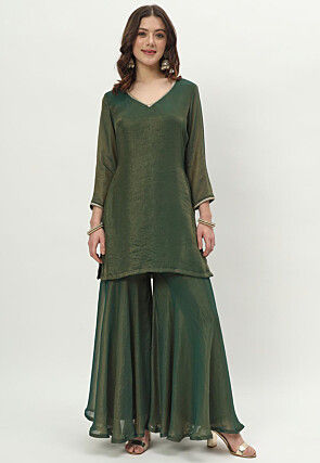 Lace Embellished Organza Co Ord Set in Dark Olive Green