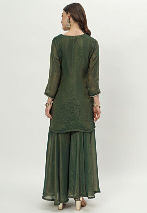 Lace Embellished Organza Co Ord Set in Dark Olive Green