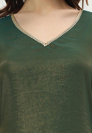 Lace Embellished Organza Co Ord Set in Dark Olive Green