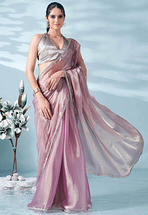 Lace Embellished Organza Saree in Light Purple