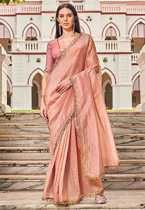 Lace Embellished Organza Saree in Peach