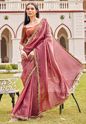 Lace Embellished Organza Saree in Pink