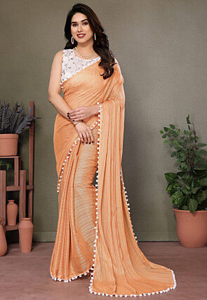 Lace Embellished Polyester Brasso Saree in Light Orange