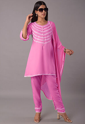 Lace Embellished Rayon Pakistani Suit in Baby Pink