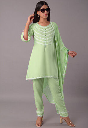 Lace Embellished Rayon Pakistani Suit in Pastel Green