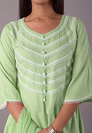 Lace Embellished Rayon Pakistani Suit in Pastel Green