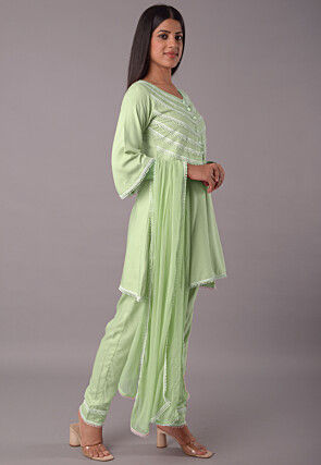 Lace Embellished Rayon Pakistani Suit in Pastel Green