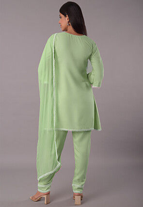 Lace Embellished Rayon Pakistani Suit in Pastel Green