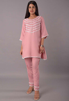 Lace Embellished Rayon Pakistani Suit in Peach