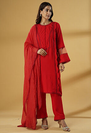 Lace Embellished Rayon Pakistani Suit in Red