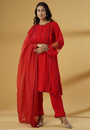 Lace Embellished Rayon Pakistani Suit in Red