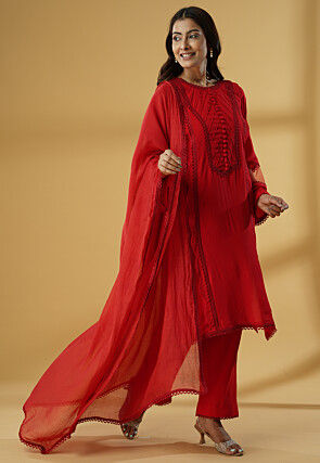 Lace Embellished Rayon Pakistani Suit in Red