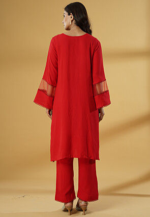 Lace Embellished Rayon Pakistani Suit in Red