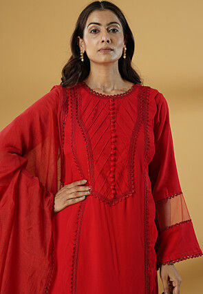 Lace Embellished Rayon Pakistani Suit in Red