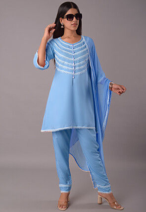 Lace Embellished Rayon Pakistani Suit in Sky Blue