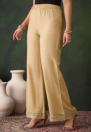 Lace Embellished Rayon Palazzo in Beige